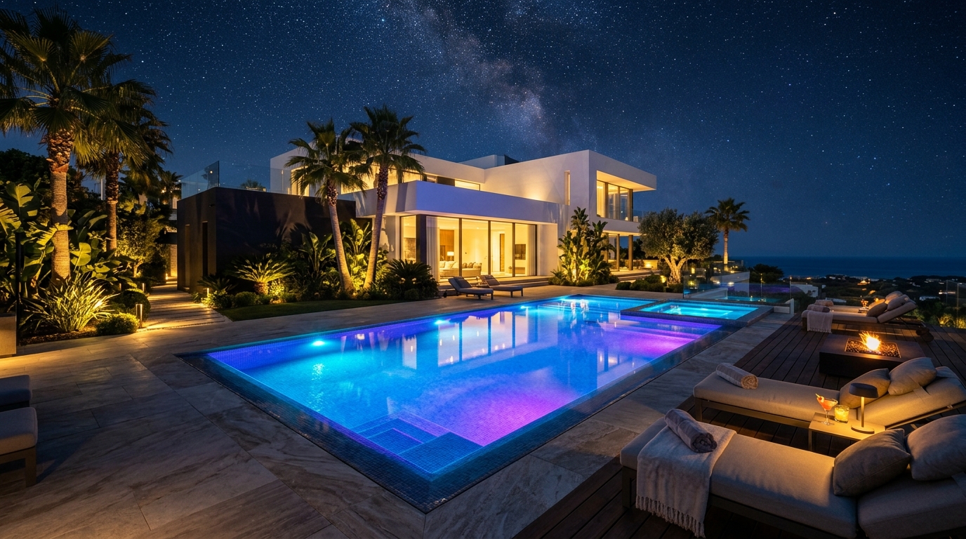 Piscina de luxo - Vista noturna com LEDs ligados